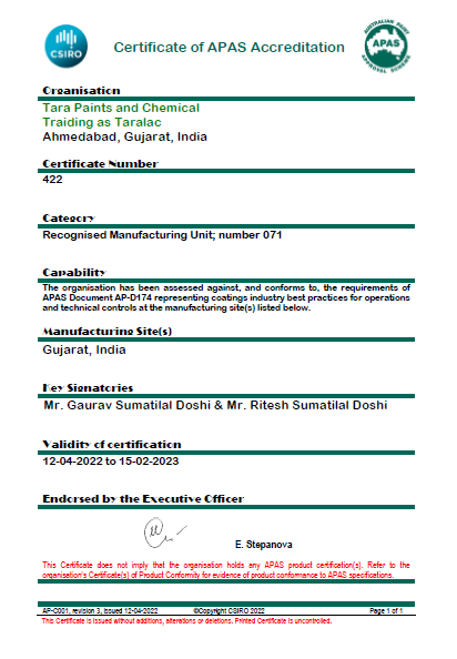 Tara Paints and chemicals Credentials